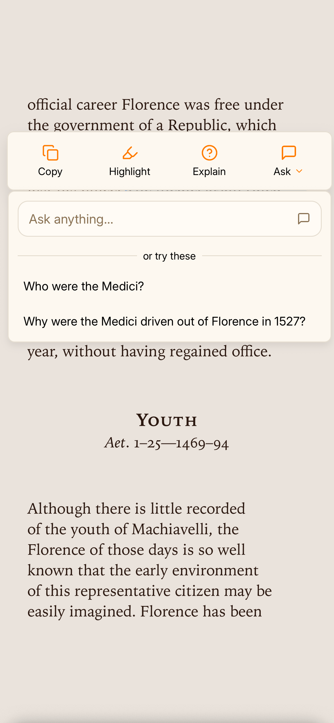Mythos AI action panel expanded showing Ask input and AI-generated intent questions like Who were the Medici
